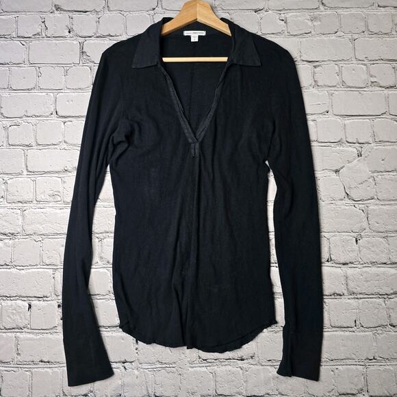 Standard James Perse Black V-Neck Collared Black Long Sleeve Top 100% Cotton 2 - Picture 1 of 11